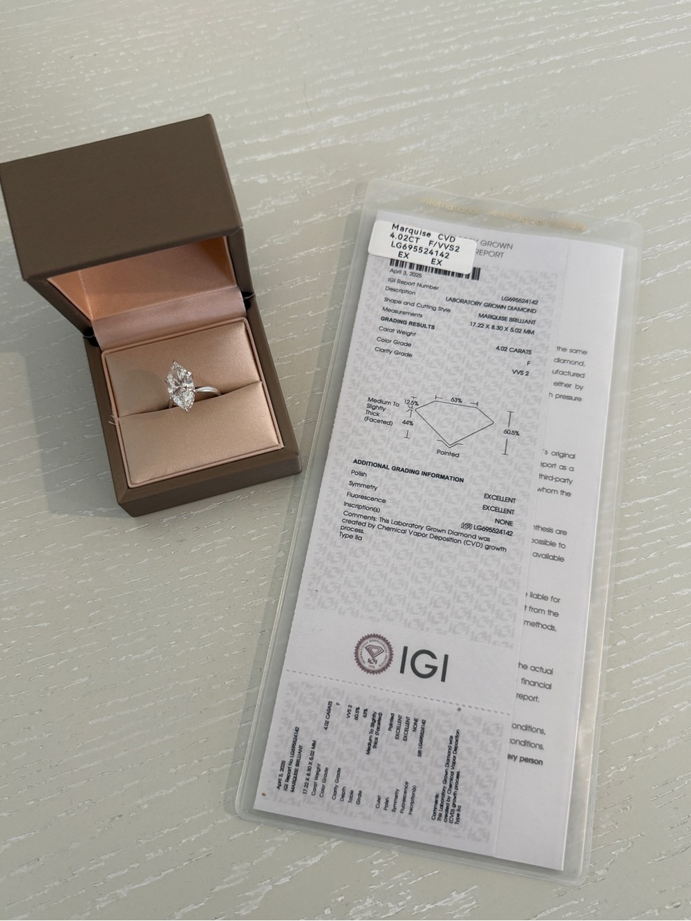 4ct IGI Certified F Color Lab Diamond Marquise Engagement Ring 4.5